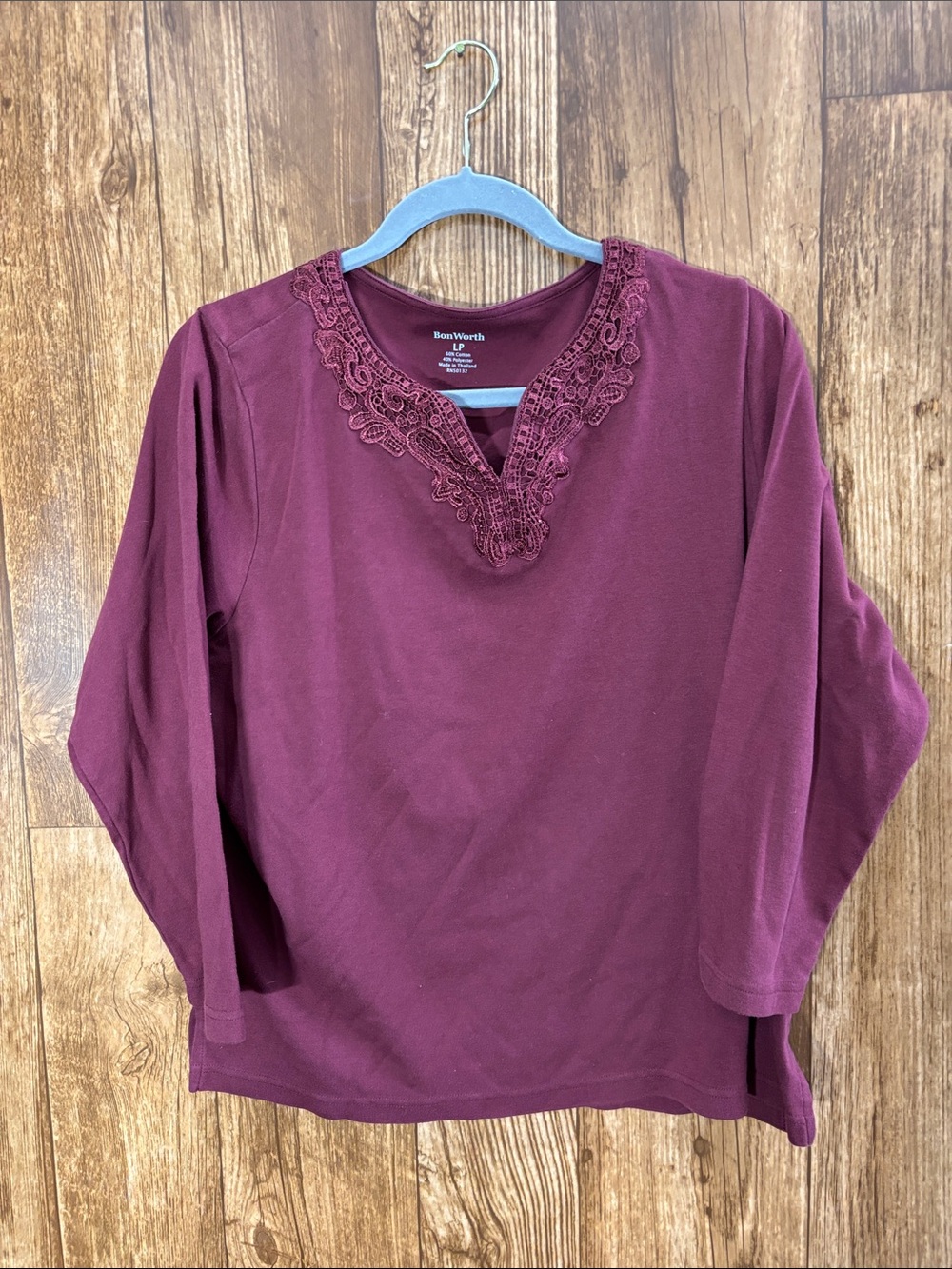 Bon Worth Plum Lace-Trim Long Sleeve Top